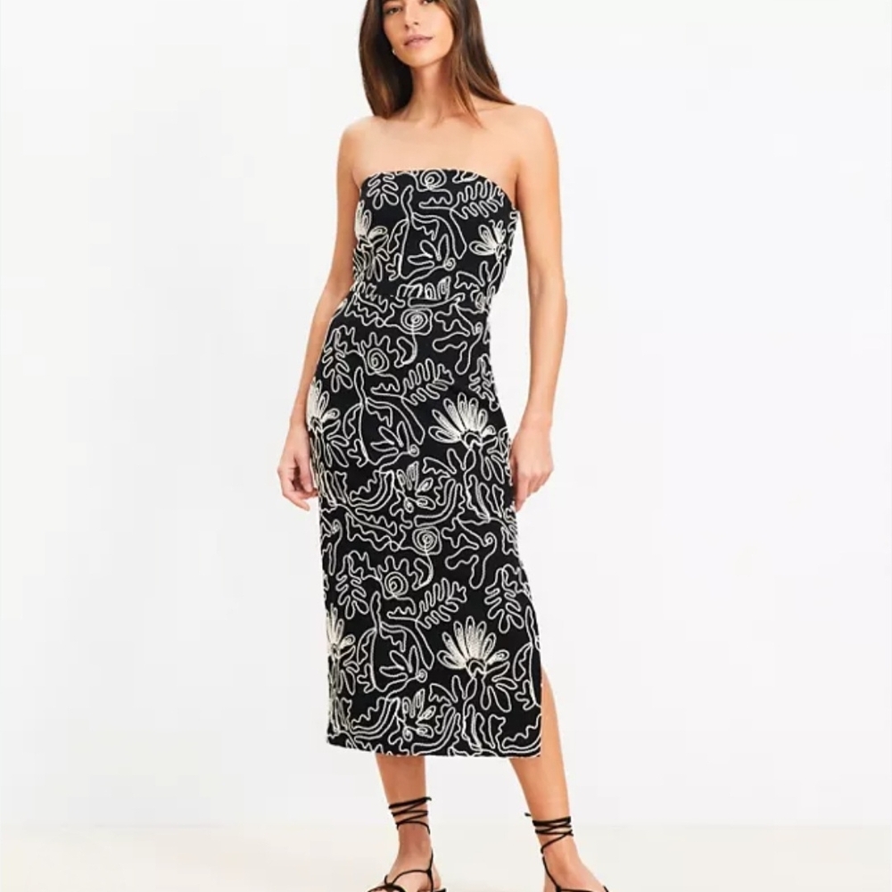 LOFT Black Strapless Midi Dress with White Floral Outline - Picture 2 of 11